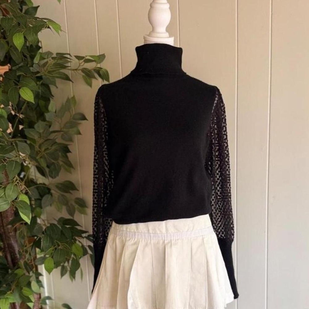 Bloomingdale's Black Cashmere Turtleneck Sweater Mesh Long Sleeve Size Medium